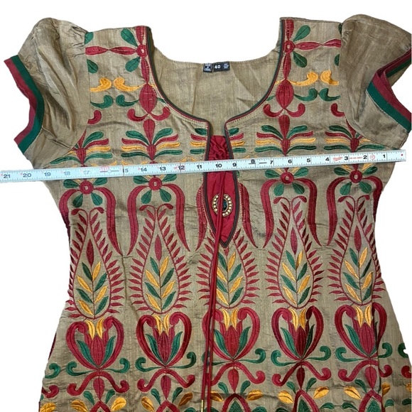 Beautiful Embroidered Tan Kurta With Red, Yellow and Green Embroidery - Picture 11 of 16